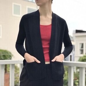 Athleta Sweater Black Cashmere Wool Open Front Cardigan Pockets Warm Siz…